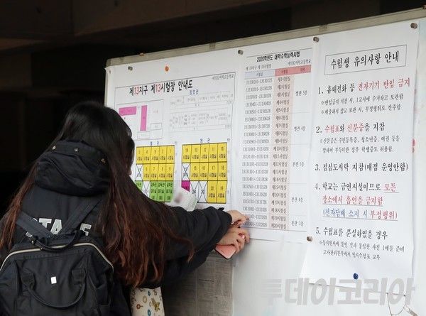 ▲ 지난 2021년 ‘2020학년도 대학수학능력시험’ 수험생들이 여의도여자고등학교에서 시험실을 찾고 있다. 사진=투데이코리아