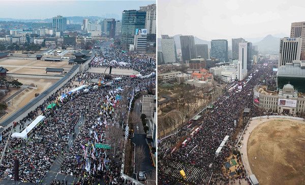 ▲ 제106주년 삼일절인 1일 서울 도심 곳곳에서 윤석열 대통령 탄핵 찬반 집회가 열렸다. 사진 왼쪽은 종로구 안국동에서 열린 야5당 공동 ‘윤석열 파면 촉구 범국민대회’. 오른쪽은 광화문광장 일대에서 열린 ‘자유통일을 위한 국민대회’ 모습. 사진=뉴시스