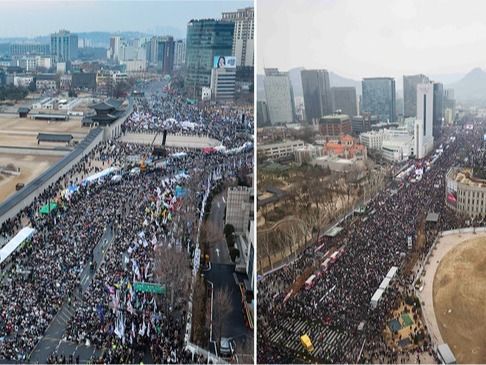 ▲ 제106주년 삼일절인 1일 서울 도심 곳곳에서 윤석열 대통령 탄핵 찬반 집회가 열렸다. 사진 왼쪽은 종로구 안국동에서 열린 야5당 공동 ‘윤석열 파면 촉구 범국민대회’. 오른쪽은 광화문광장 일대에서 열린 ‘자유통일을 위한 국민대회’ 모습. 사진=뉴시스