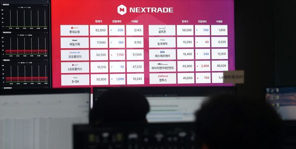 ▲ 서울 영등포구 여의도 넥스트레이드 관제실에서 직원들이 애프터마켓 거래 현황 등을 모니터링하고 있다. 사진=뉴시스