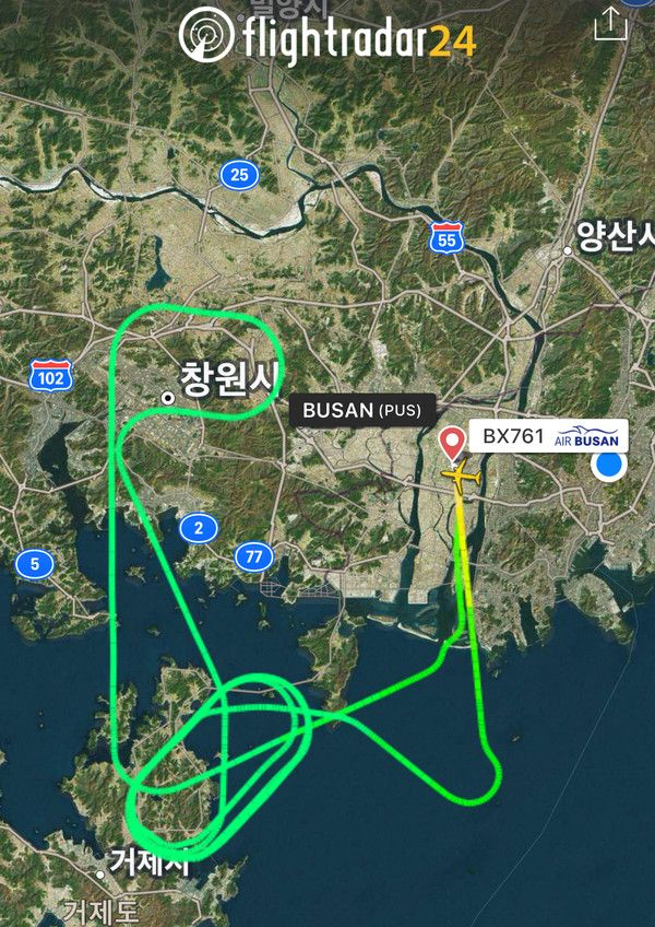 ▲ 에어부산 BX761편 항로. 사진=플라이트레이더24