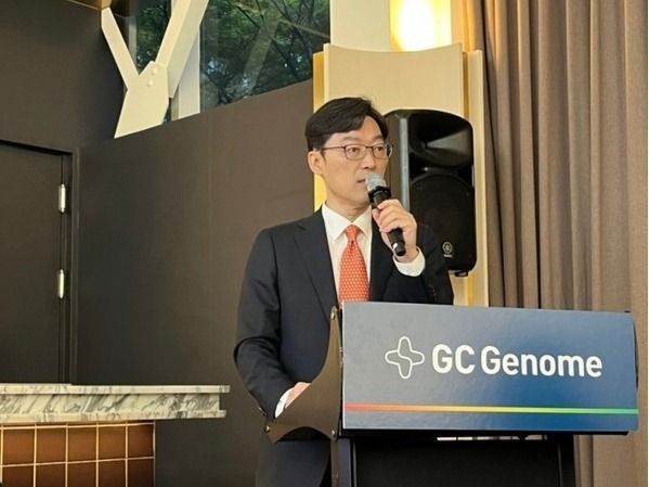 ▲ ▲ GC지놈 기창석 대표가 23일 서울 영등포구 콘래드호텔에서 열린 GC지놈 기자간담회에서 발언하고 있다. 사진=GC지놈