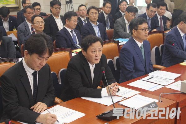 ▲ 30일 열린 국회 정무위원회에 (왼쪽부터)류화현 위메프 대표, 류광진 티몬 대표, 구영배 큐텐 대표가 참석했다. 사진=이기봉 기자