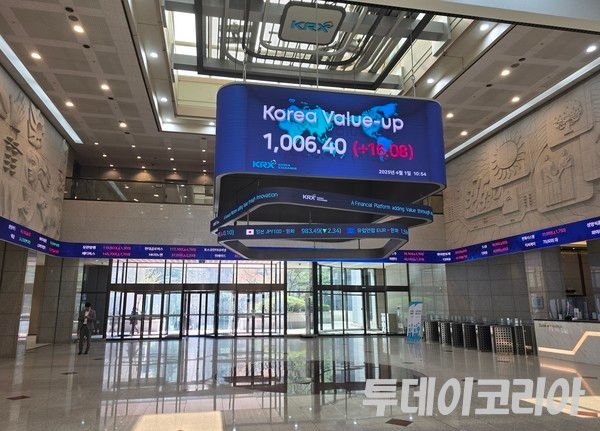 ▲ 한국거래소(KRX) 1층 로비의 전광판. 사진=투데이코리아