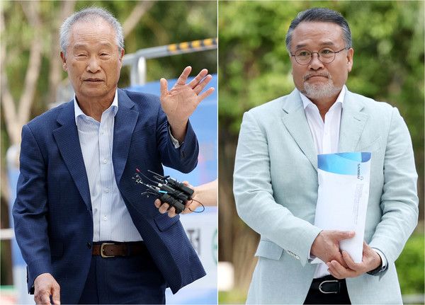 ▲ 조성옥(왼쪽) 전 삼부토건 회장과 이일준 삼부토건 회장이 10일 오전 서울 종로구 KT 광화문빌딩 웨스트에 마련된 김건희 여사 연루 의혹이 제기된 주가조작 사건을 조사하는 민중기 특별검사팀 사무실로 출석하고 있다. 사진=뉴시스