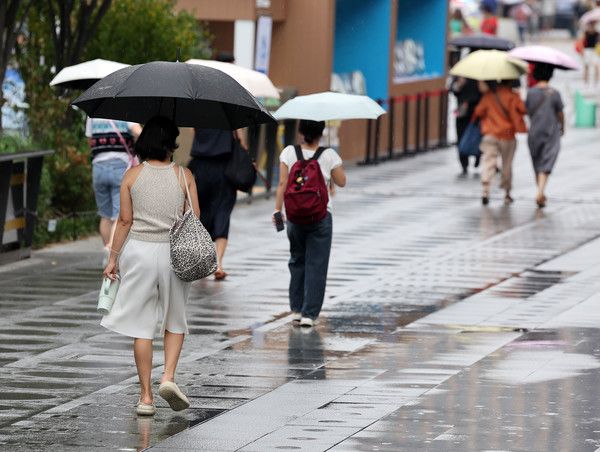 ▲ 서울 종로구 광화문광장에서 우산을 쓴 시민들이 발걸음을 옮기고 있다. 사진=뉴시스