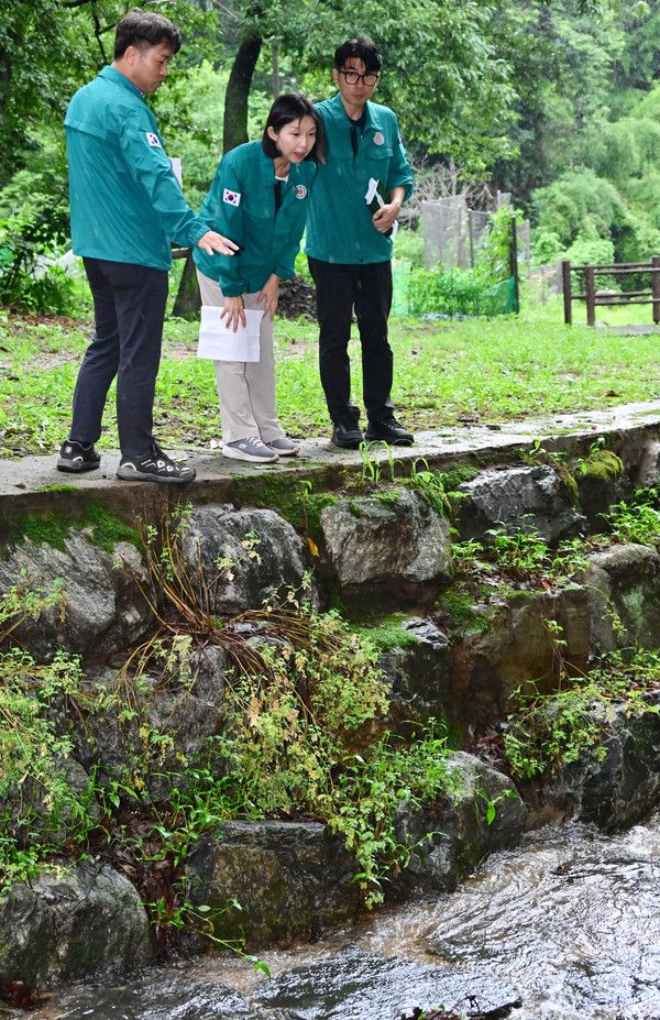 ▲ 서울 서초구 우면산 관문사 현장을 찾아 안전점검 하고 있는 최호정 서울시의회 의장의 모습. 사진=서울시의회