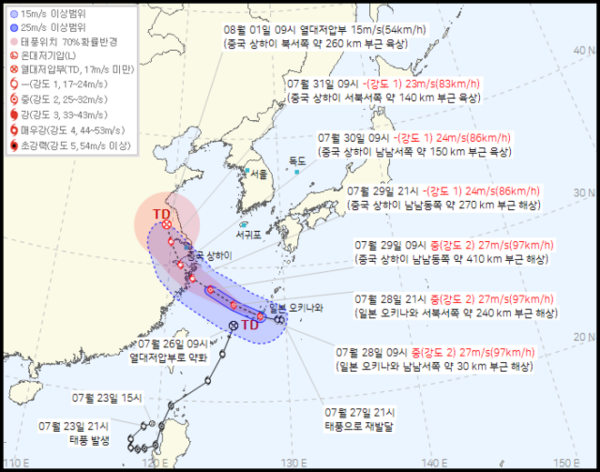 ▲ 28일 오전 10시 기준 제 8호 태풍 ‘꼬마이’ 예상 진로도. 사진=기상청