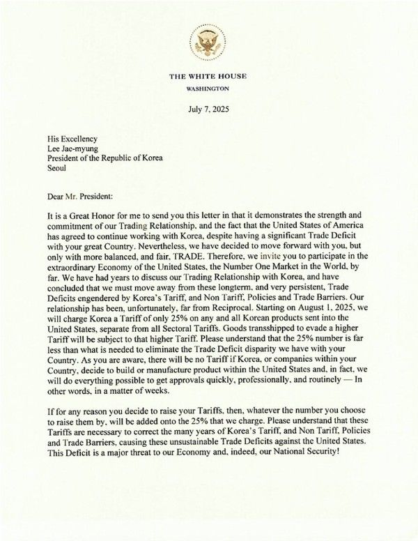 ▲ 도널드 트럼프 미국 행정부가 이재명 정부에게 보낸 '관세 서한' 중 첫 페이지. 사진=도널드 트럼프 트루스소셜 갈무리