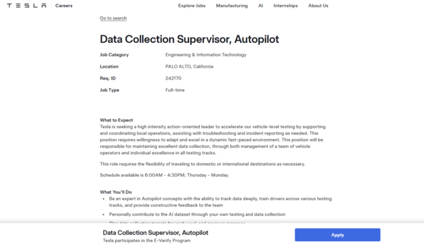 ▲ 최근 테슬라가 낸 로보택시 운행을 위한 데이터 수집 요원 채용공고. 사진=테슬라 홈페이지 갈무리