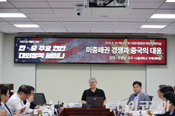 ▲ 이병진 더불어민주당 의원(오른쪽)이 28일 국회 의원회관에서 열린 ‘한·중 주요 현안 대외정책 세미나’에서 조영남 서울대 국제대학원 교수의 발언을 경청하고 있다. 사진=투데이코리아