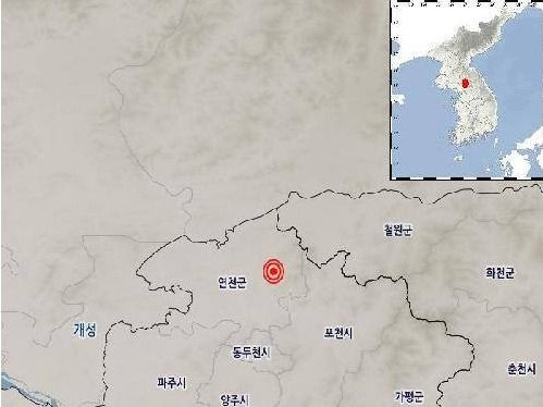 ▲ 15일 오전 4시 13분경 연천군 북북동쪽 4㎞ 지점에서 발생한 지진 위치. 사진=기상청