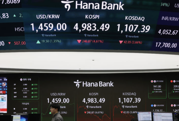 ▲ 2일 오후 서울 중구 하나은행 딜링룸 전광판에 코스피가 전 거래일 보다 240.87 포인트(4.61%) 내린 4983.49 포인트를 나타내고 있다. 사진=뉴시스