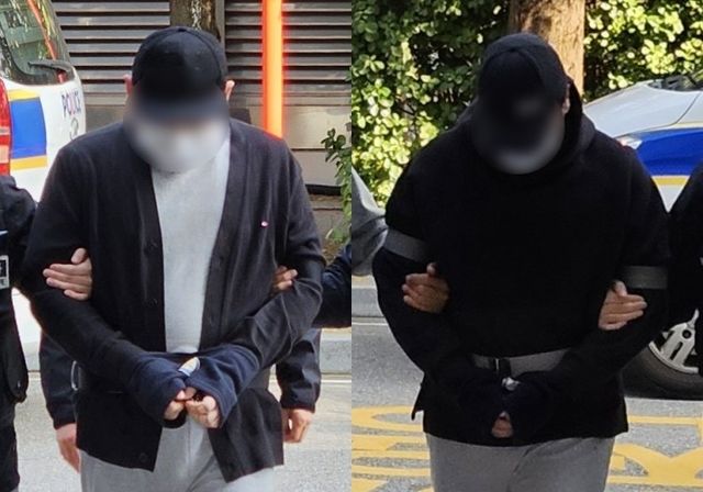 ▲ 인천 송도국제도시 아파트 지하주차장에서 게임 유튜버를 납치해 살해하려 한 혐의를 받는 남성 2명이 지난해 10월 29일 오후 인천 미추홀구 인천지법에서 열린 구속 전 피의자 심문(영장실질심사)에 출석하고 있다. 사진=뉴시스
