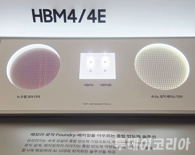 ▲ 지난 3월 18일 경기 수원시 영통구 수원컨벤션센터에서 열린 제57기 삼성전자 정기 주주총회에서 고대역폭메모리 ‘HBM4·4E’가 전시돼 있다. 사진=투데이코리아