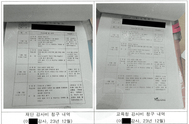 ▲ 2023년 12월 남북사랑학교가 재단, 교육청에 제출한 동일한 수업일지. 사진=한정애 의원실