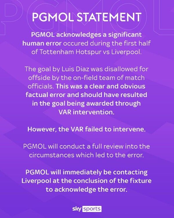 PGMOL가 1일 낸 루이스 디아스 골 취소 오심에 대한 성명서. 사진┃영국 언론 '스카이 스포츠'