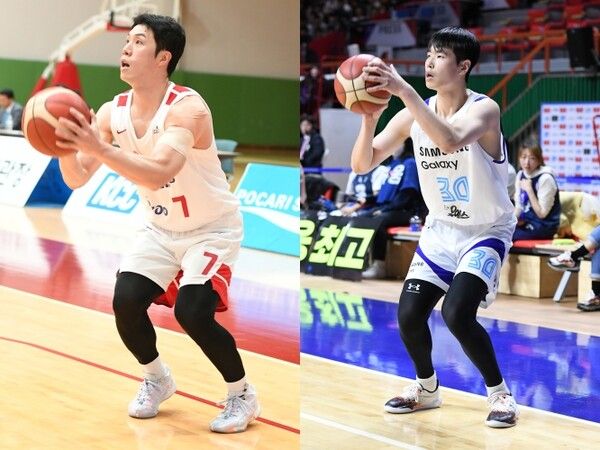 서울 SK 홍경기와 서울 삼성 박민우. 사진┃KBL