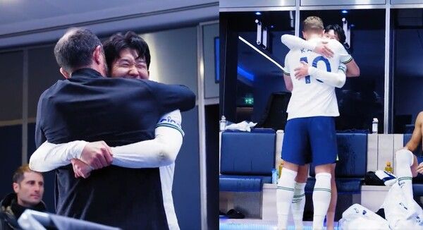 EPL 100호골을 터트린 손흥민이 토트넘 라커룸에서 감독과 선수들의 축하를 받았다. 사진┃토트넘 공식 SNS 영상 캡처
