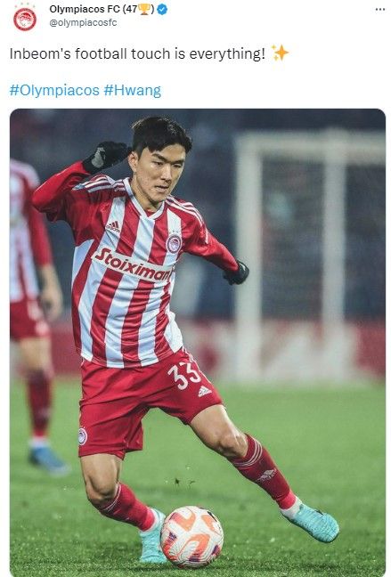 올림피아코스 미드필더 황인범. 사진｜올림피아코스 공식 SNS 캡처