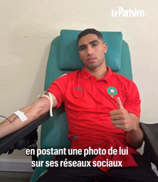 직접 헌혈을 하며 이를 독려하는 하키미. 사진┃프랑스 언론 르 파리지앵