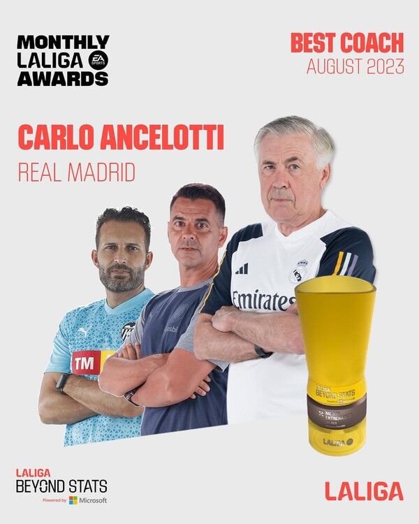 상을 수상한 카를로 안첼로티(최우측). 사진┃라리가 사무국