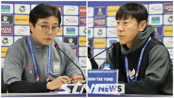황선홍(왼쪽) U-23 대한민국 축구 국가대표팀 감독과 신태용 U-23 인도네시아 축구 국가대표팀 감독이 24일(현지시간) 카타르 도하 압둘라 빈 칼리파 스타디움에서 2024 아시아축구연맹(AFC) U-23 아시안컵 8강전을 앞두고 열린 기자회견에서 취재진의 질문에 답변하고 있다. 사진┃뉴시스