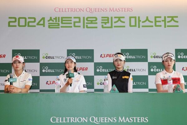 6일 열린 2024 셀트리온 퀸즈 마스터즈 미디어데이에 참석한 (왼쪽부터)황유민 박민지 이예원 박현경. 사진┃KLPGA제공