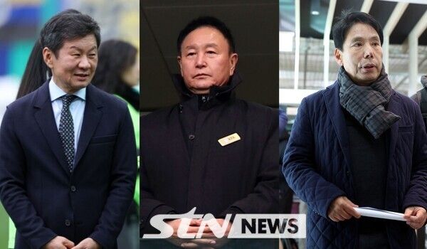 제55대 대한축구협회 회장 선거에 출마한 정몽규 현 대한축구협회 회장, 허정무 전 대전하나시티즌 이사장, 신문선 명지대 초빙교수. 사진┃뉴시스