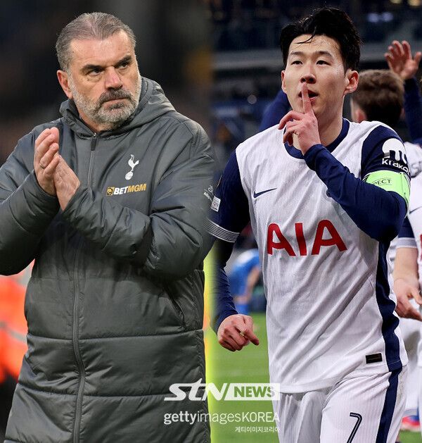 토트넘 홋스퍼의 엔제 포스테코글루 감독과 손흥민. 사진┃게티이미지코리아