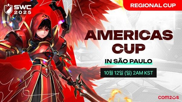 오는 10월 12일 컴투스가 글로벌 e스포츠 대회 ‘서머너즈 워 월드 아레나 챔피언십 2025’ 아메리카 컵을 오전 2시(한국 시각 기준) 브라질 상파울루에서 개최한다고 밝혔다.(▲‘SWC2025’ 아메리카 컵 개최 예고). /사진=컴투스