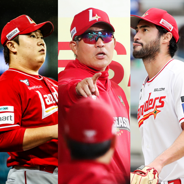 (좌측부터) SSG 이로운, 이숭용 감독, 미치 화이트. /사진=SSG 랜더스