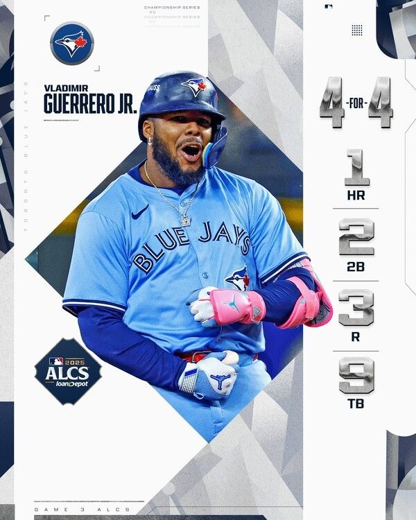 블라디미르 게레로 주니어가 16일(한국 시각) 미국 워싱턴주 T-모바일파크에서 열린 시애틀과 ALCS 3차전에서 4타수 4안타(1홈런) 1볼넷의 타격 절정감으로 팀의 13-4 승리를 이끌었다. /사진=MLB 공식채널