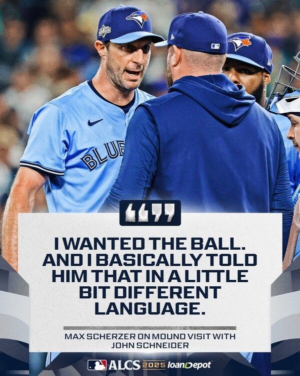 TOR 맥스 슈어저가 17일(한국시각) 미국 워싱턴주 T-모바일파크에서 열린 ALCS 4차전에서 SEA을 상대로 8-2로 승리했다. 마운드 위 승부사 기질을 고스란히 보여주고 있는 슈어저. /사진=MLB 공식 채널