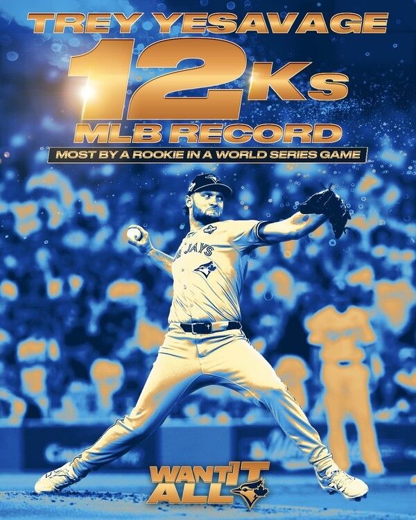 토론토 블루제이스 신인투수인 트레이 예세비지가 30일(한국시각) 미국 캘리포니아주 다저스타디움에서 열린 월드시리즈 5차전에서 7이닝 1실점 12삼진을 기록했다. 이날 성적은 MLB 최초로 신인선수가 가장 많은 탈삼진을 잡은 신기록이다. /사진=토론토 블루제이스 공식 채널