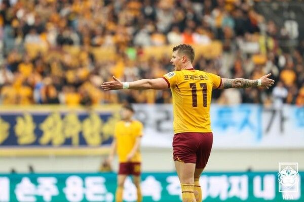 동점골을 넣은 광주FC의 프리드욘슨. /사진=KFA