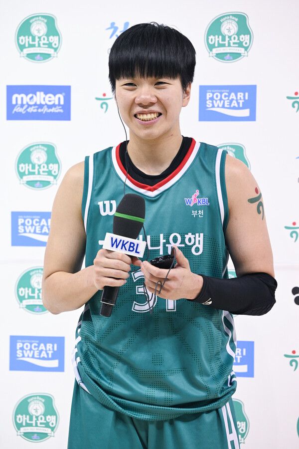 경기 후 방송 인터뷰에서 팬들에게 메시지를 전한 진안. 사진┃WKBL