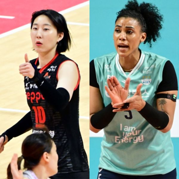 페퍼저축은행 박정아(좌측)와 GS칼텍스 지젤 실바. 사진┃KOVO