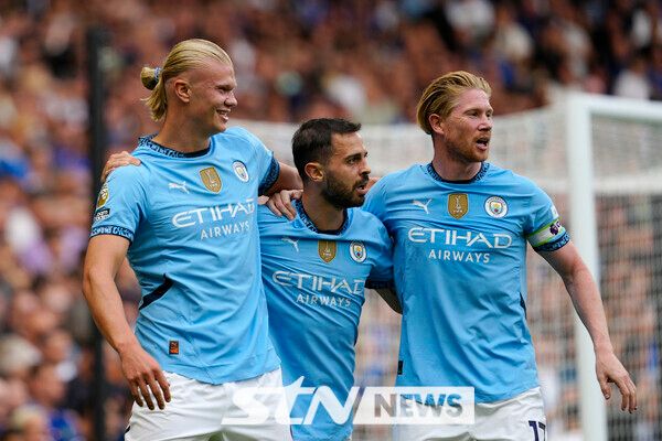 맨체스터 시티 엘링 홀란드, 베르나르두 실바, 케빈 데 브라위너. 사진┃뉴시스/AP