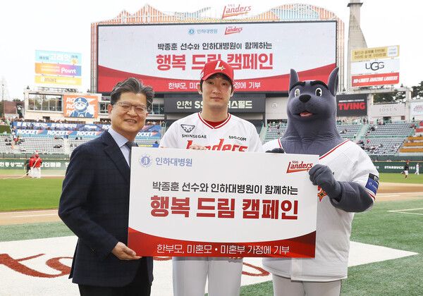 SSG 랜더스 투수 박종훈(중앙)과 마스코트 랜디(우측). 사진┃SSG랜더스