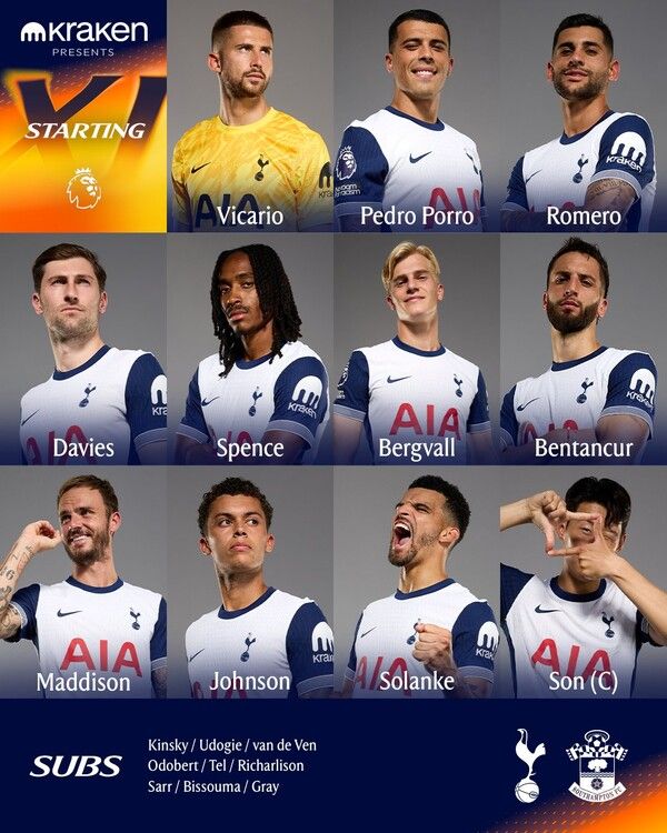 토트넘 홋스퍼의 사우스햄튼 FC전 선발 라인업. 사진┃토트넘 홋스퍼