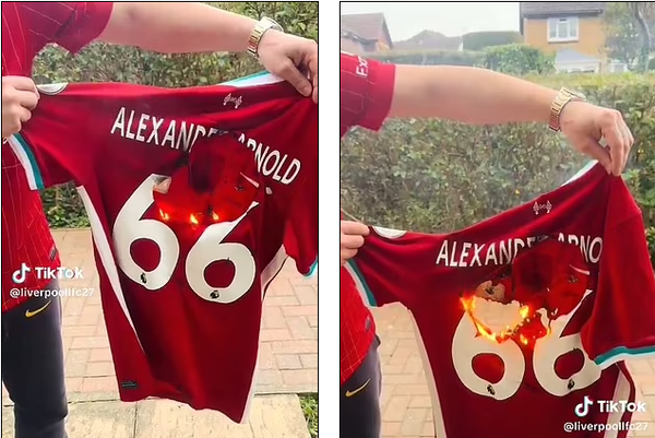 알렉산더 아놀드의 유니폼을 불태우는 리버풀 팬. 사진┃데일리 메일