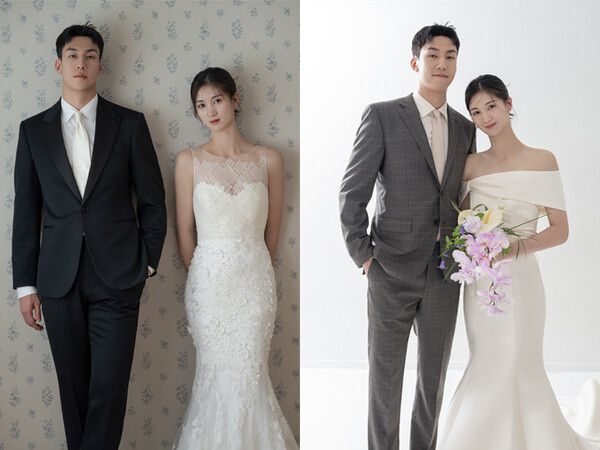 결혼식을 올리는 삼성생명 윤예빈과 삼성화재 손태훈. 사진┃삼성생명 블루밍스