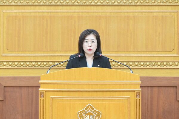 강혜숙 의원이 ‘양주시 임산부·영유아 가족배려주차구획 설치 및 운영 조례안’을 발의를 5분 발언을 하고 있다. /사진=양주시의회.