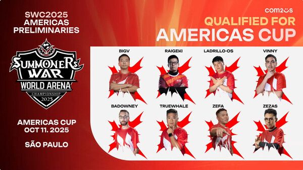 글로벌 e 스포츠 대회 ‘서머너즈 워 월드 아레나 챔피언십 2025’이 아메리카 컵에 출전할 본선 진출자 8인을 최종 확정했다. (▲SWC2025 아메리카 컵 출전 선수 8인 확정 ). /사진=컴투스