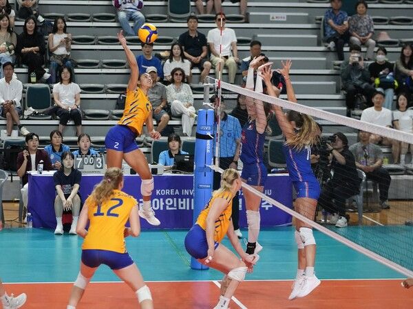 16일 오전 11시 진주실내체육관에서 치러진 2025 코리아인비테이셔널 진주 국제여자배구대회 4차전에서 스웨덴이 프랑스를 상대로 공격을 시도하고 있다. /사진=대한배구협회