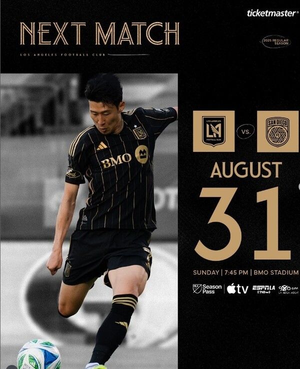 손흥민은 1일 오전 11시 45분(이하 한국시간) 미국 캘리포니아주 LA에 위치한 BMO 스타디움에서 샌디에이고FC와 MLS 서부 콘퍼러스 정규리그 29라운드 홈 경기에 선발 출전 예고. /사진=LAFC