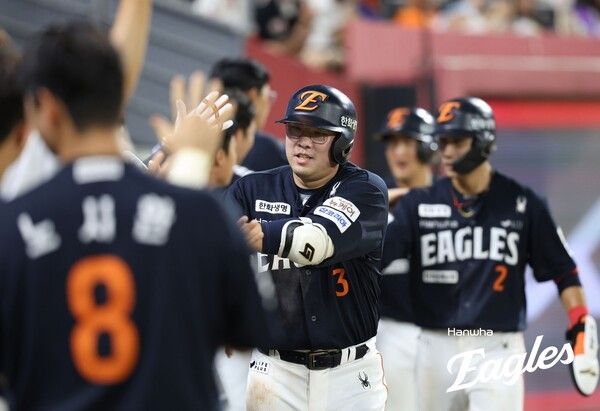 홈런을 친 뒤 기뻐하는 한화 이글스 내야수 안치홍. /사진=한화 이글스