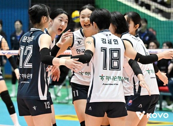 28일 여수진남체육관에서 치러진 IBK기업은행과의 2025 여수·NH농협컵 프로배구대회 여자부 결승전에서 한국도로공사 선수단이 득점 후 기뻐하고 있다. /사진=한국배구연맹