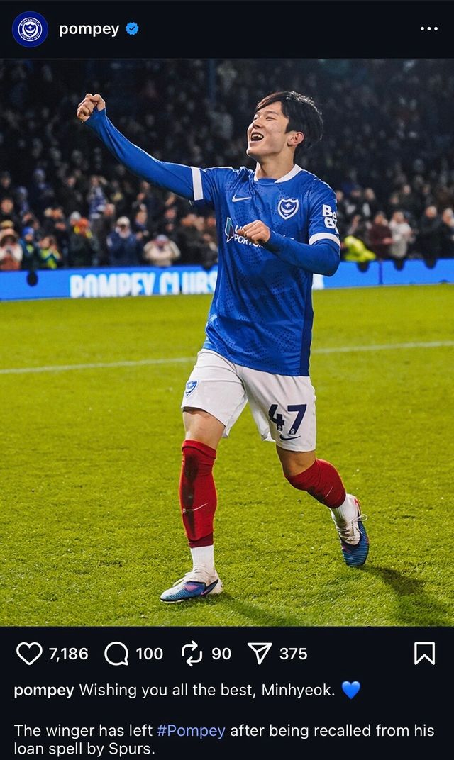 포츠머스FC가 팀을 떠난 양민혁에게 마지막 인사를 전했다. /사진=포츠머스FC SNS